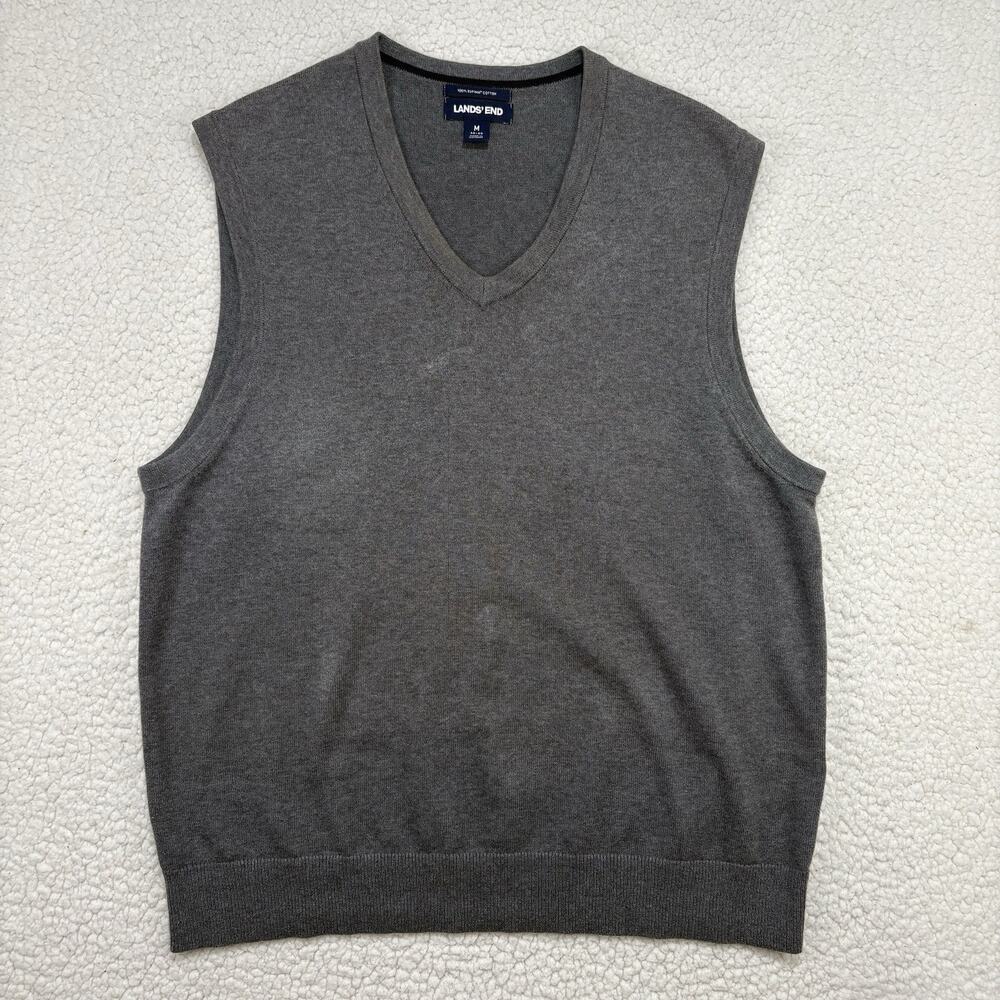 Lands End Sweater Vest Mens Medium 38-40‎ Gray Supima Cotton V Neck Knit Preppy